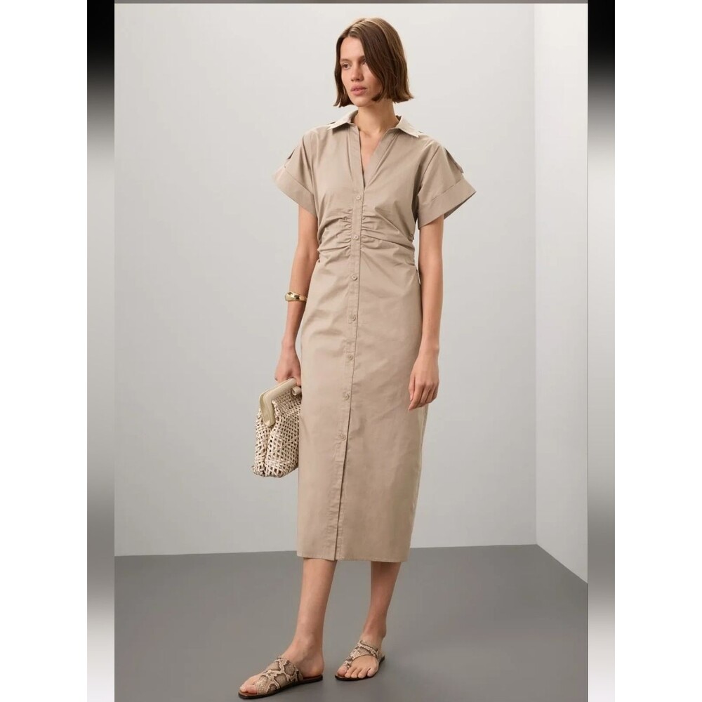 Saunders Brown Ruched Midi Shirt Dress Size 10